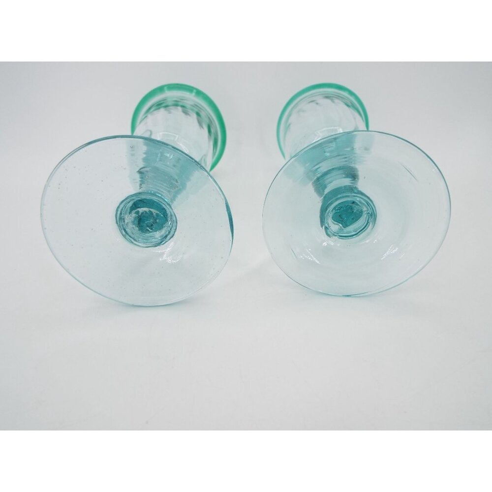 Pair of 7.25" Blown Glass Goblets Aqua Blue Green - Picture 6 of 6